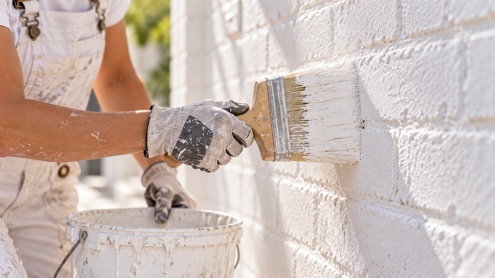 Whitewash being brushed onto a brick wall