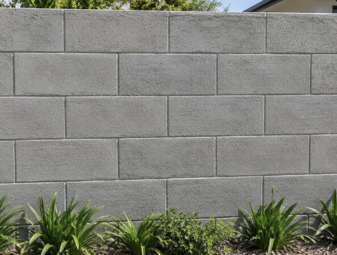 Bagged concrete block wall with a garden bed along the base