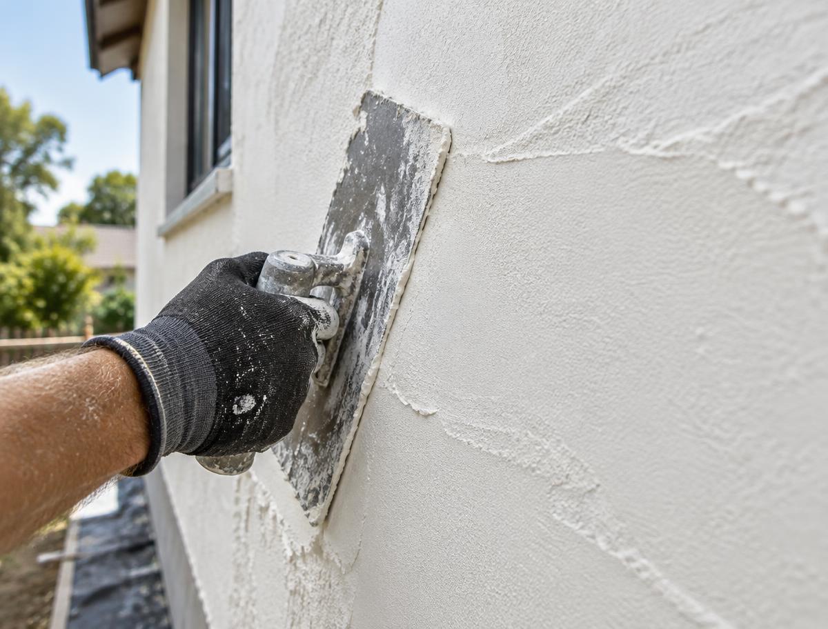 Trowel smoothing fresh white render onto an exterior wall